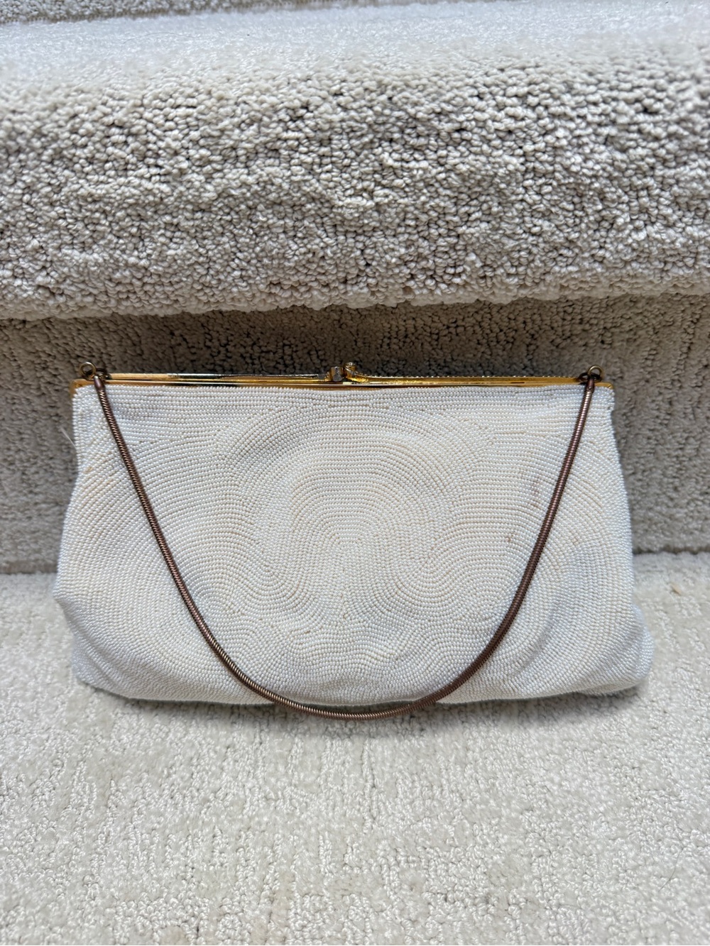 Magid Ivory Beaded Evening Clutch with Gold Frame